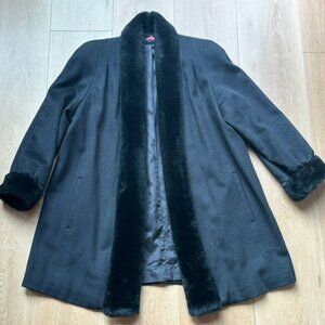 Alorna Wrap‎ Coat Wool Black Women’s Below Knee Vintage With Trim USA Oversized